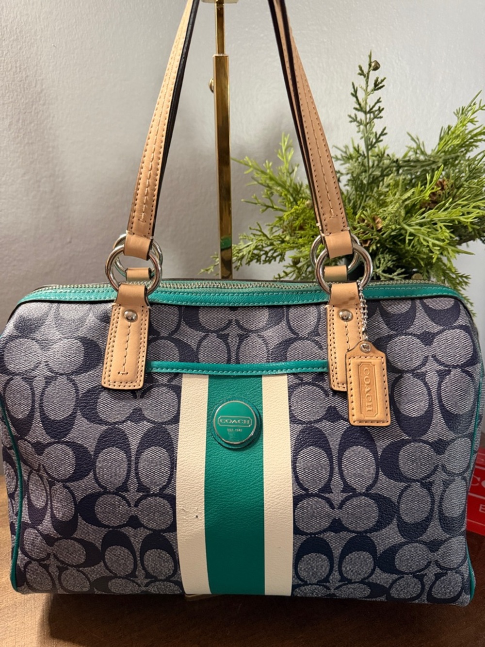 Coach Signature Stripe Jade Satchel/Crossbody - Picture 2 of 16